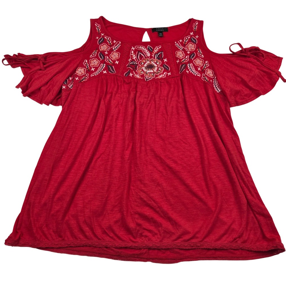 Kelly Renee Top Red Floral Embroidered Cold Open Shoulder Lace Trim Womens 1X